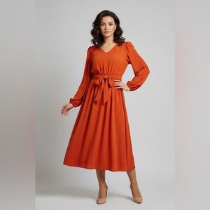 Elegant Orange V-Neck Maxi Dress with Tie-Waist and Beaded Sleeves